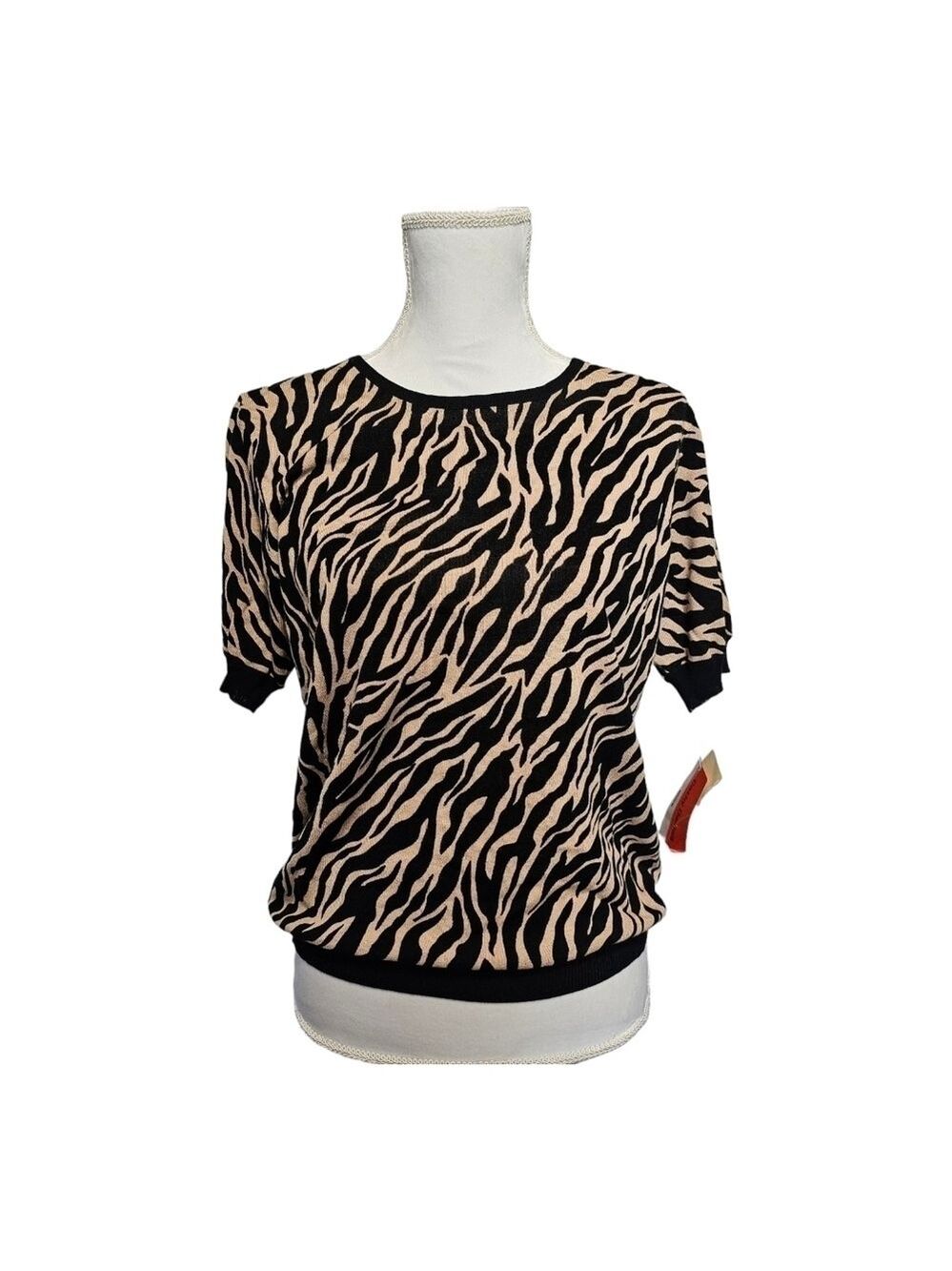 Cathy Daniels Zebra Print Pullover Top Short Sleeve Ribbed Hem Size M